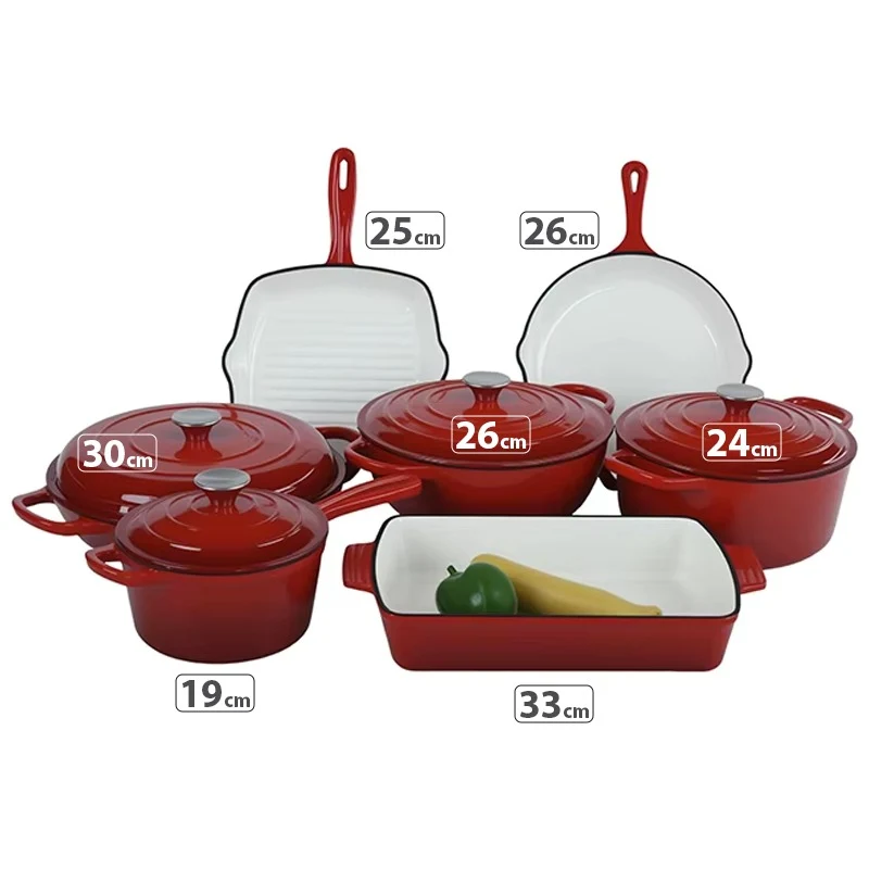 [OS-CAI11-RED] OSFE 11 PCS Enameled Cast Iron Cookware Set (24, 26, 30, 19cm) Pots, (33, 26,25 cm) Pans (Red)