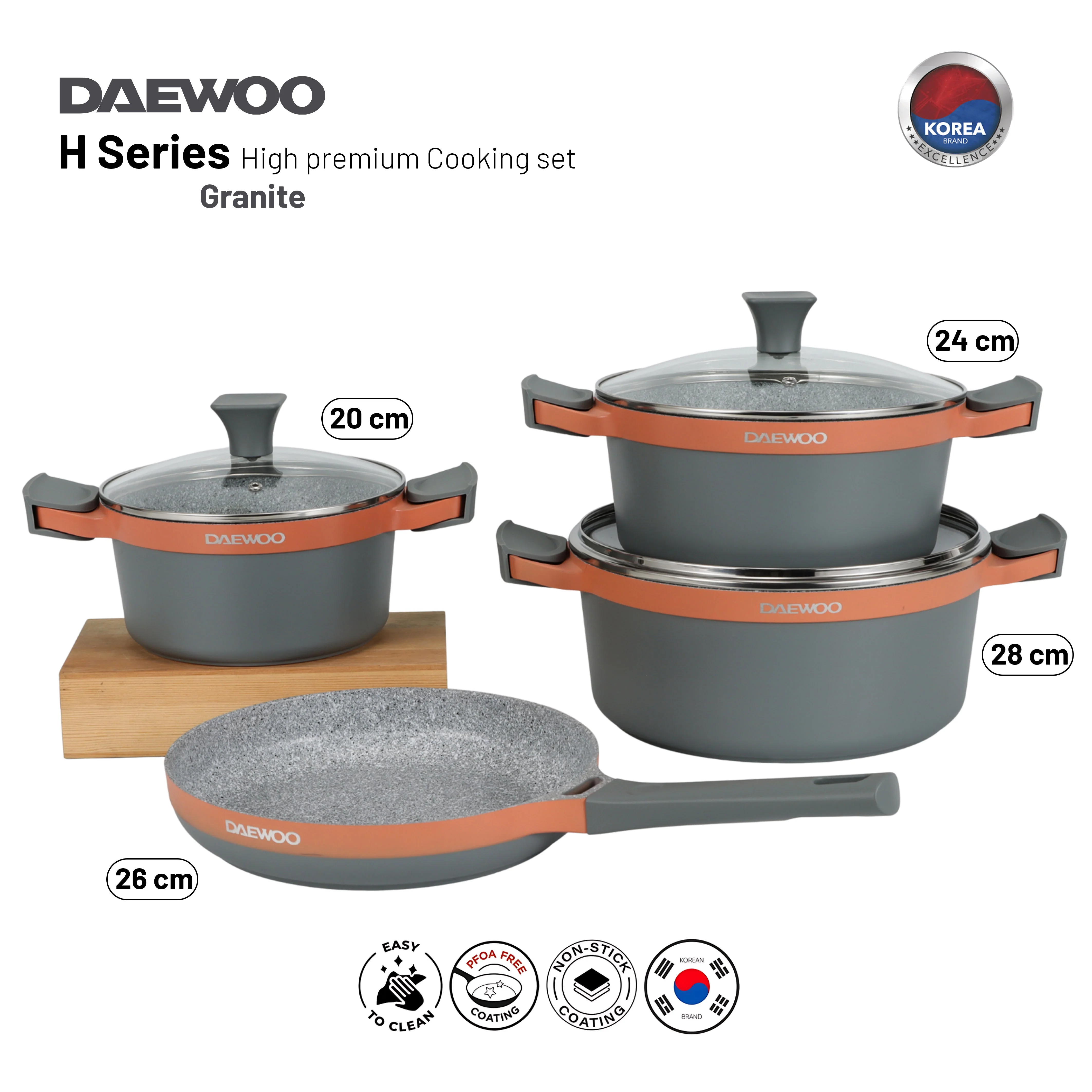 Daewoo H Series 7 Pcs Granite Cooking Set 28, 24, 20 cm Pot, 26 cm Pan