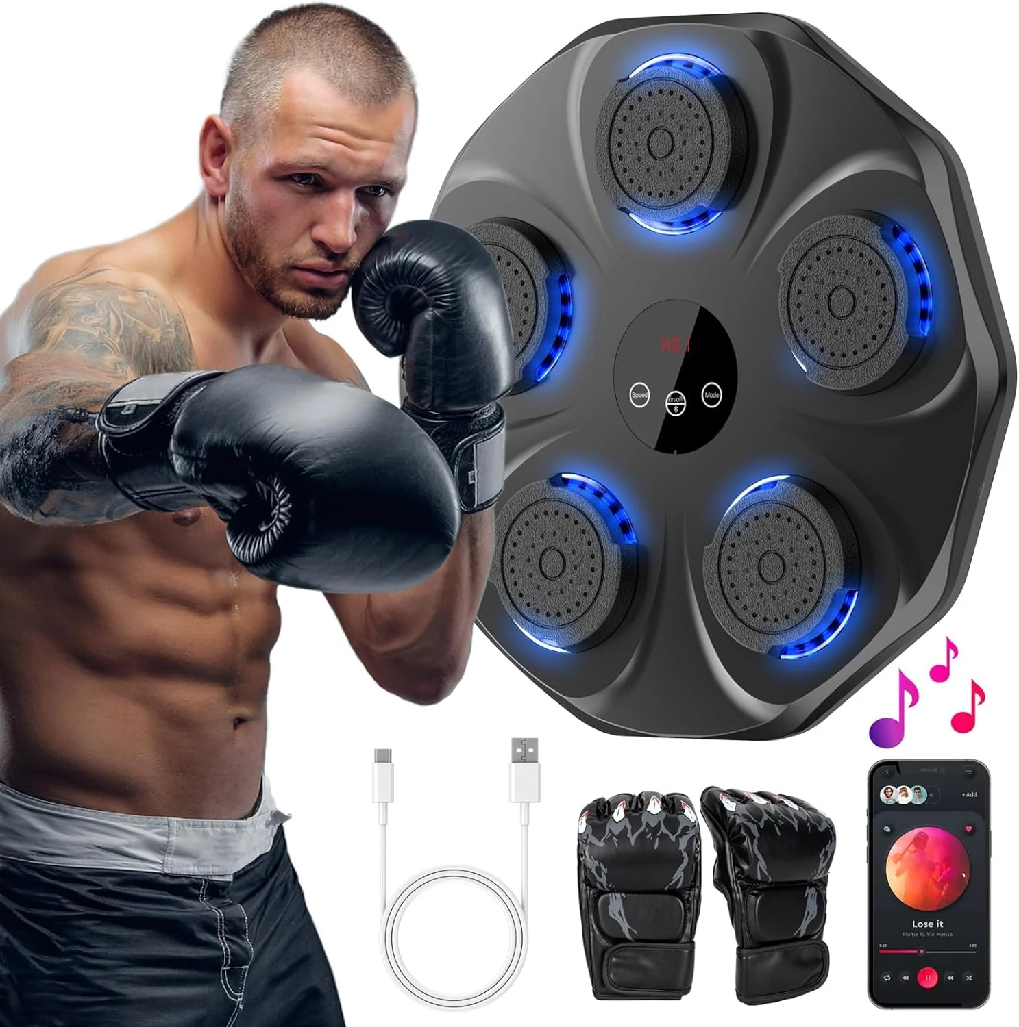 Black Bull Music Boxing Machine, Rechargeable Boxing Equipment, Home Smart Boxing Target Workout Machine Digital Boxing for Kids and Adults