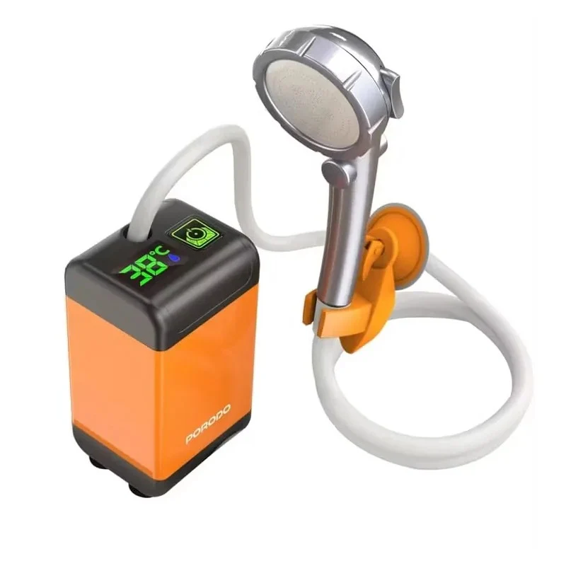 Porodo Portable Camping Shower Pump with 7800mAh Rechargeable Battery, Digital Temperature Display and Multi Spray Modes - Orange