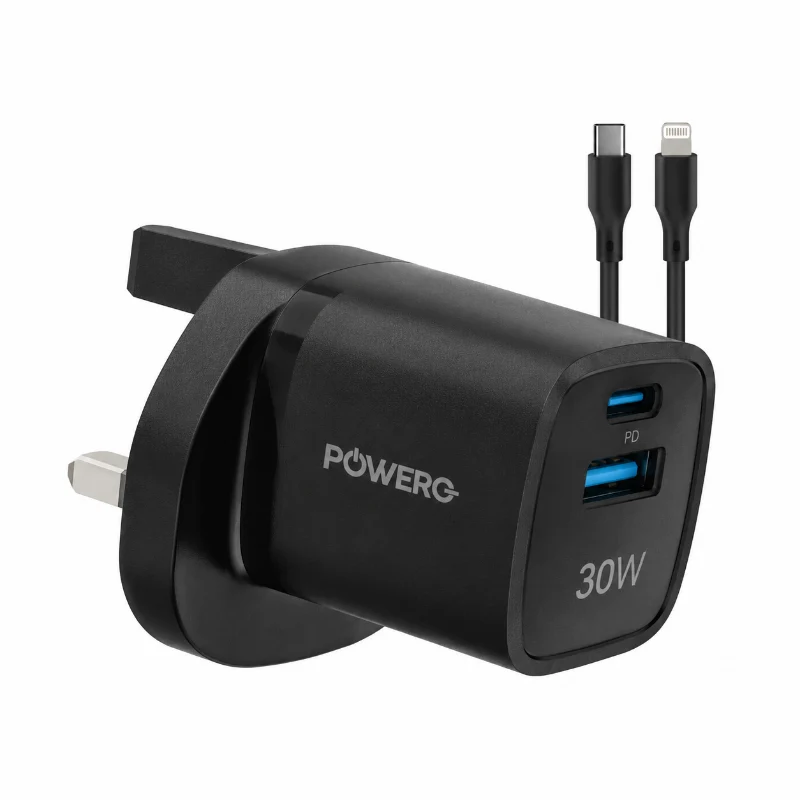 Powero+ Vega 30W Dual Port GaN Charger With Type-C to Lightning Cable-Black