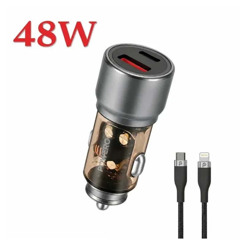 Powero+ Crysta Dual Port Car charger 48W with Braided Type-C to Lightning Cable - Grey