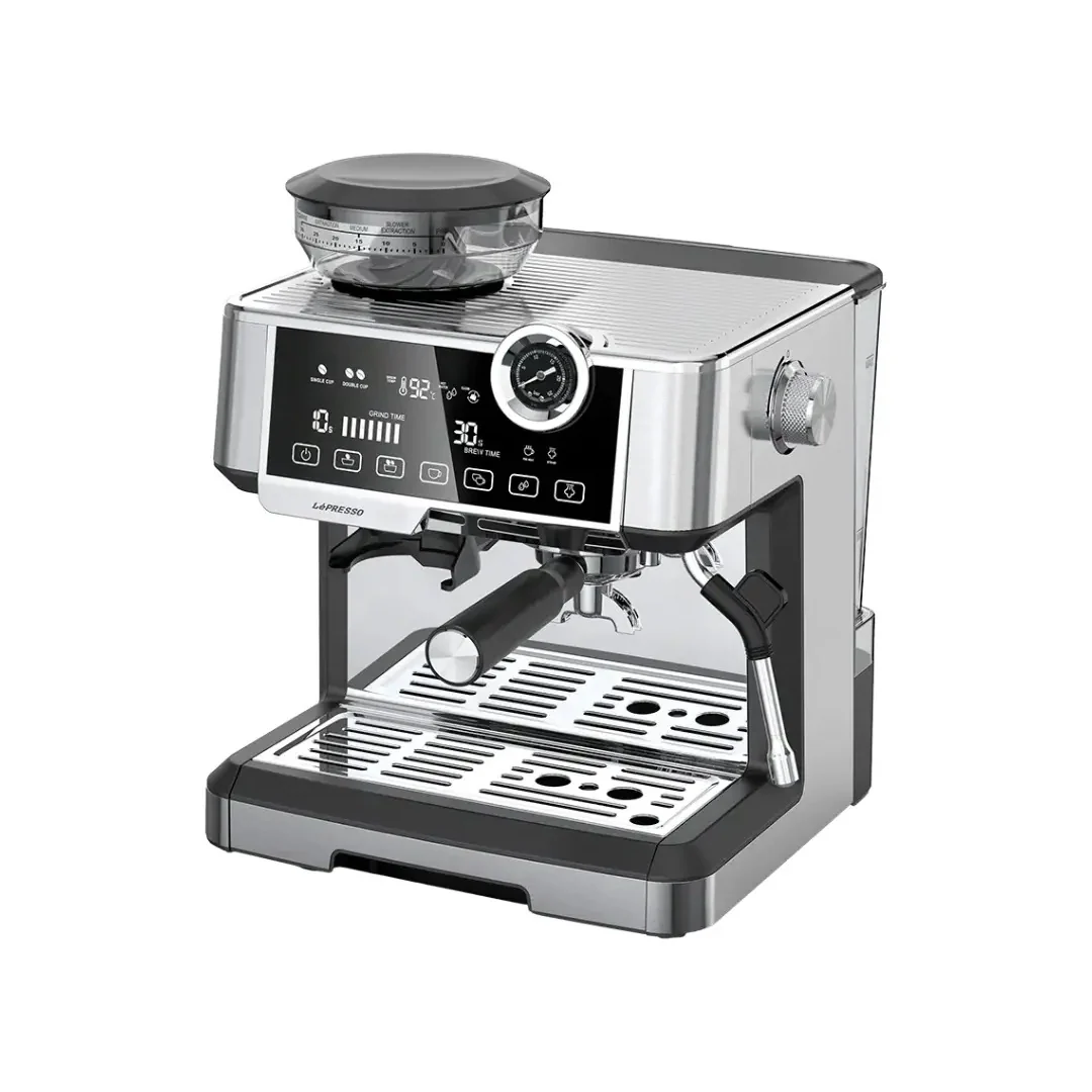 Lepresso Dual Boiler Espresso Machine with Conical Grinder & Pressure Gauge - Silver