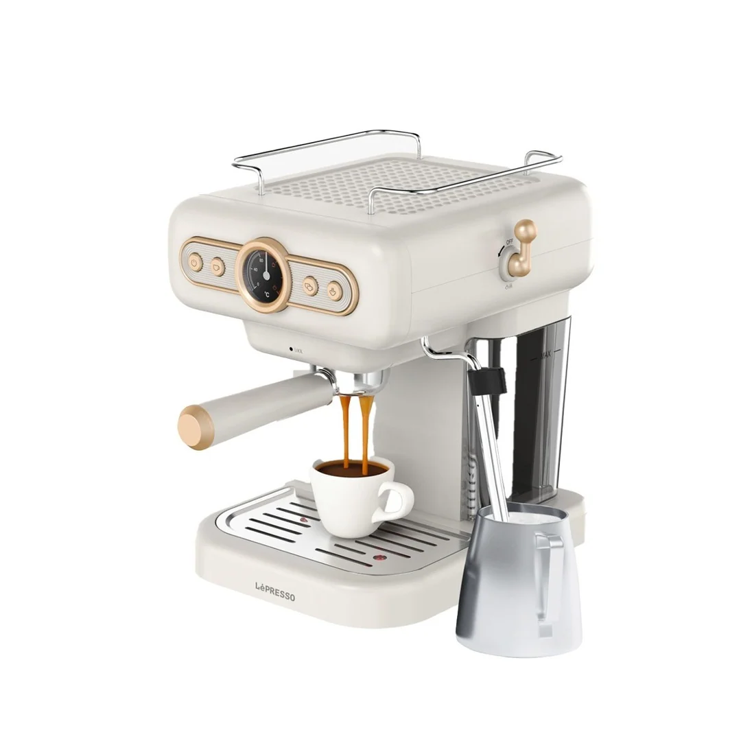 LePresso Retro Espresso Machine Boiler Gauge And Milk Steamer - White