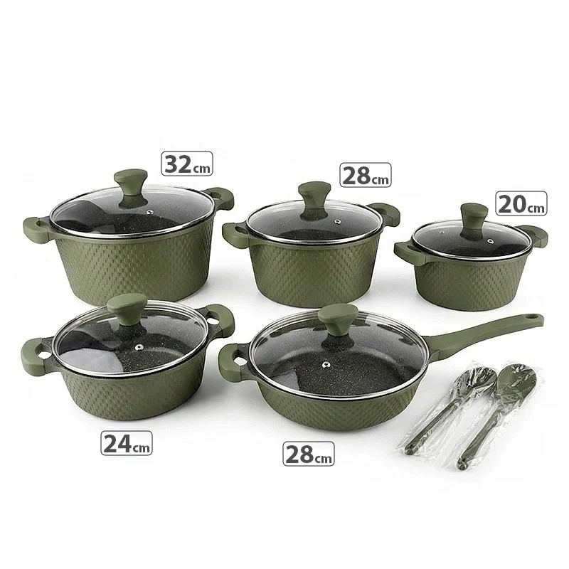 OSFE 12 PCS Aluminum Nonstick Granite Cookware Set (32, 28, 24, 20 cm Pots, 28 cm Pan with 2 Pcs of Utensil Tools) - Green