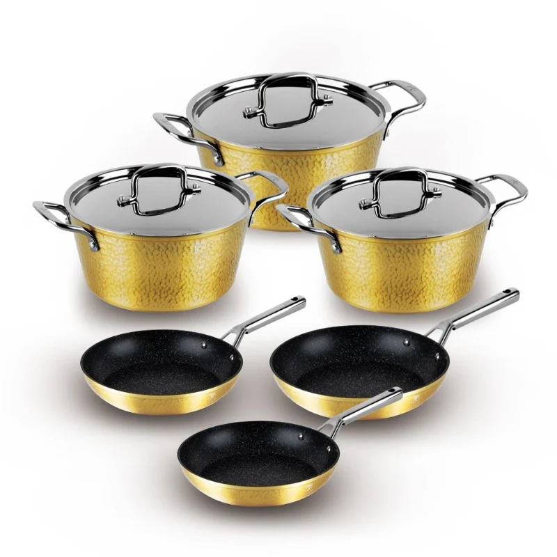 Berlinger Haus Hammered Cooking Set 9 Pcs Set Casseroles (30+26+22 cm) + Fry Pan (30+26+22 cm) - Gold