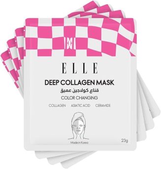 Korean ELLE Deep Collagen Color Changing Mask – Anti-Aging, Hydrating & Firming Mask with Collagen, Peptides & Centella – Long-Wear 2-3 Hour or Overnight treatment mask for Radiant Youthful Skin- 4 Packs